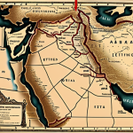 A detailed, vintage-style map of the Middle East, dominated by harsh, artificially drawn straight lines that ignore natural geography and ethnic/religious divisions. Overlaid on the map, shadowy figures or symbolic hands represent historical colonial powers imposing these borders. In the background, subtle outlines of oil derricks and strategic waterways are visible, hinting at resource interests. The overall mood is one of geopolitical tension and historical consequence, rendered in a sepia or muted color palette.