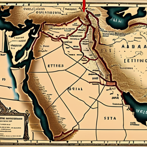 Home 4 A detailed, vintage-style map of the Middle East, dominated by harsh, artificially drawn straight lines that ignore natural geography and ethnic/religious divisions. Overlaid on the map, shadowy figures or symbolic hands represent historical colonial powers imposing these borders. In the background, subtle outlines of oil derricks and strategic waterways are visible, hinting at resource interests. The overall mood is one of geopolitical tension and historical consequence, rendered in a sepia or muted color palette.