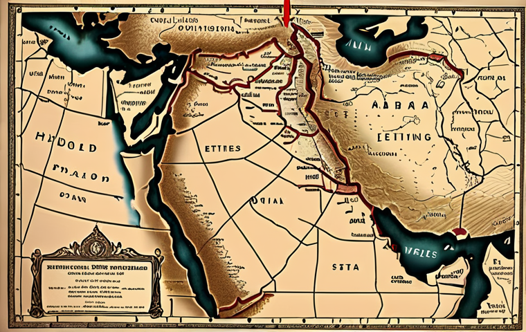 A detailed, vintage-style map of the Middle East, dominated by harsh, artificially drawn straight lines that ignore natural geography and ethnic/religious divisions. Overlaid on the map, shadowy figures or symbolic hands represent historical colonial powers imposing these borders. In the background, subtle outlines of oil derricks and strategic waterways are visible, hinting at resource interests. The overall mood is one of geopolitical tension and historical consequence, rendered in a sepia or muted color palette.
