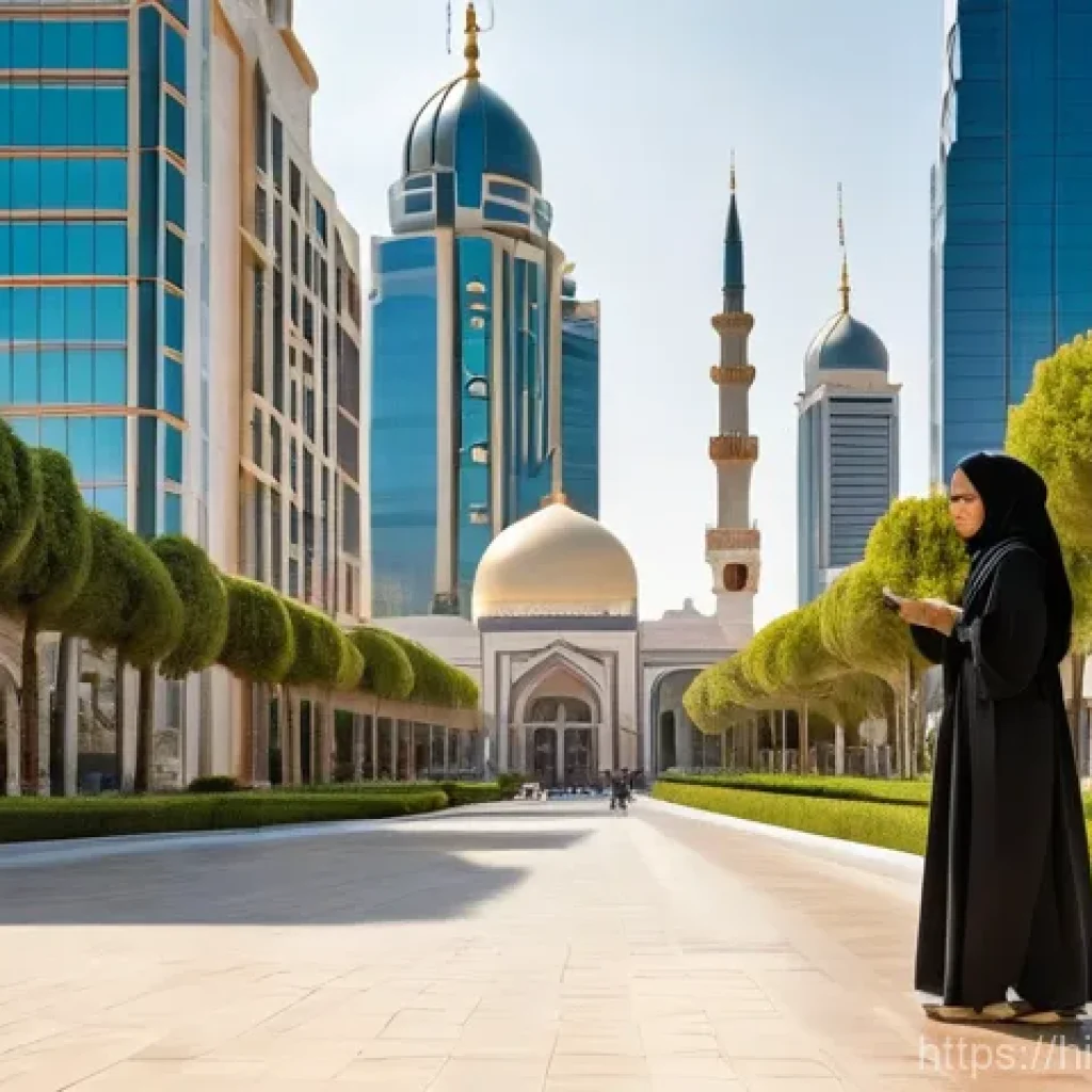현대 이슬람 국가 - **Prompt:** A vibrant, sun-drenched street scene in a modern Islamic city. In the foreground, a youn...