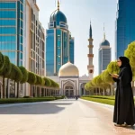 Home 14 현대 이슬람 국가 - **Prompt:** A vibrant, sun-drenched street scene in a modern Islamic city. In the foreground, a youn...