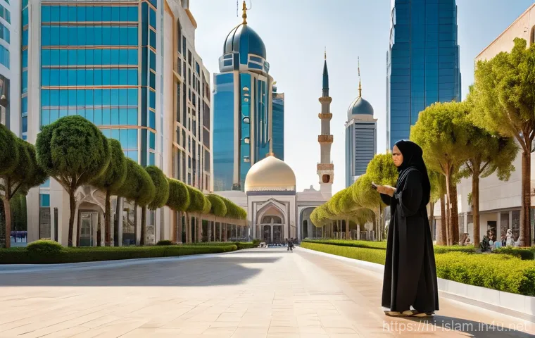 현대 이슬람 국가 - **Prompt:** A vibrant, sun-drenched street scene in a modern Islamic city. In the foreground, a youn...