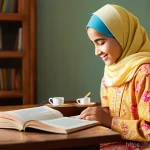 Home 13 무슬림 여성의 교육권 - **Prompt 1: "A heartwarming scene of a young Muslim girl, around 10-12 years old, diligently studyin...