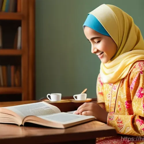 Home 25 무슬림 여성의 교육권 - **Prompt 1: "A heartwarming scene of a young Muslim girl, around 10-12 years old, diligently studyin...