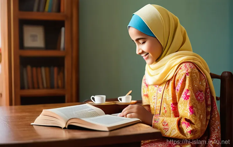 무슬림 여성의 교육권 - **Prompt 1: "A heartwarming scene of a young Muslim girl, around 10-12 years old, diligently studyin...