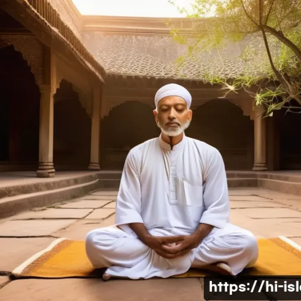 이슬람 신비주의 수피즘 - A serene scene of a meditative Sufi practitioner sitting cross-legged in a traditional Indian courty...