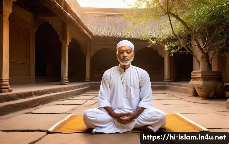 이슬람 신비주의 수피즘 - A serene scene of a meditative Sufi practitioner sitting cross-legged in a traditional Indian courty...