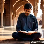Home 20 이슬람의 금주와 금연 - A serene and spiritual scene depicting a young Indian Muslim man in modest traditional attire, sitti...