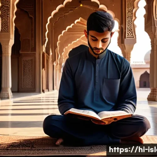 Home 32 이슬람의 금주와 금연 - A serene and spiritual scene depicting a young Indian Muslim man in modest traditional attire, sitti...