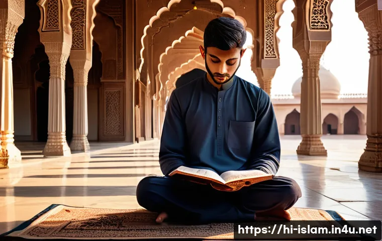 이슬람의 금주와 금연 - A serene and spiritual scene depicting a young Indian Muslim man in modest traditional attire, sitti...