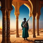 Home 19 이슬람 신화와 전설 - A majestic scene depicting the Zulfiqar sword, symbolizing Islamic warriors and justice, held by a n...