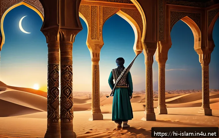 이슬람 신화와 전설 - A majestic scene depicting the Zulfiqar sword, symbolizing Islamic warriors and justice, held by a n...