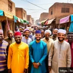 Home 18 무슬림 디아스포라 - A vibrant marketplace scene in an African city showcasing Muslim entrepreneurs engaged in trade and ...