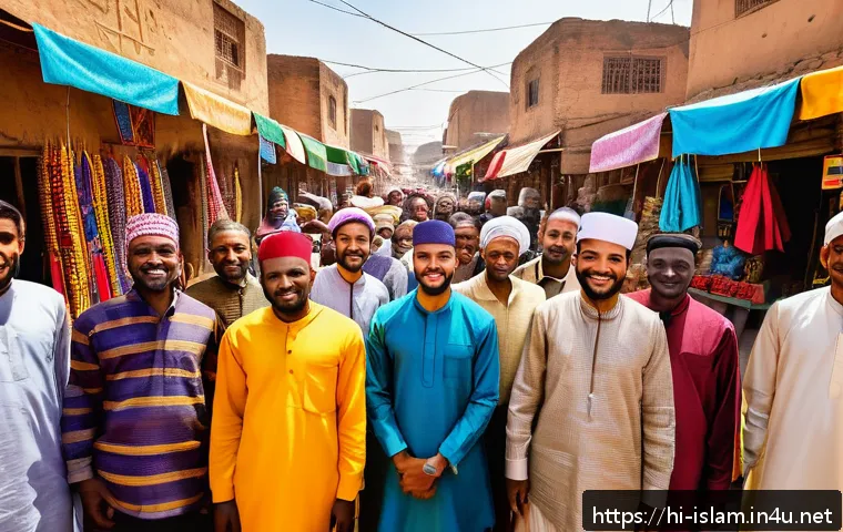 무슬림 디아스포라 - A vibrant marketplace scene in an African city showcasing Muslim entrepreneurs engaged in trade and ...