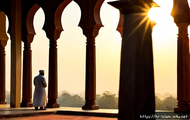 Home 17 이슬람의 시간 계산법 - Photorealistic sunrise scene in a quiet Indian mosque courtyard, a South Asian Muslim astronomer in ...